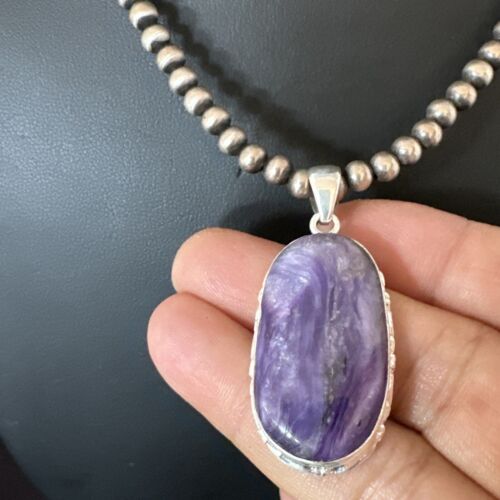 Navajo Purple Charoite Pendant with Pearls | Sterling Silver Necklace | Authentic Native American Handmade | 17313