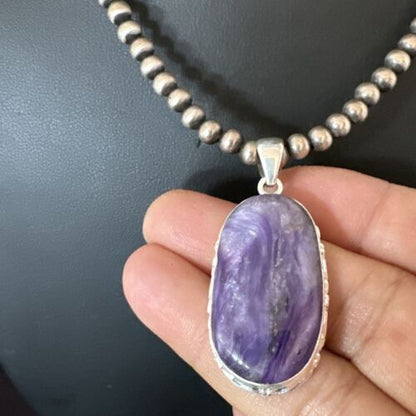 Navajo Purple Charoite Pendant with Pearls | Sterling Silver Necklace | Authentic Native American Handmade | 17313