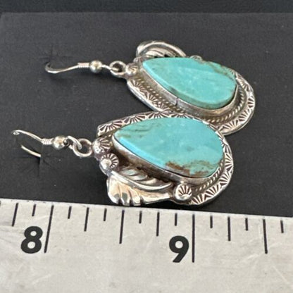 Navajo Blue Kingman Turquoise Dangle Earrings | Sterling Silver | Authentic Native American Handmade | 17373