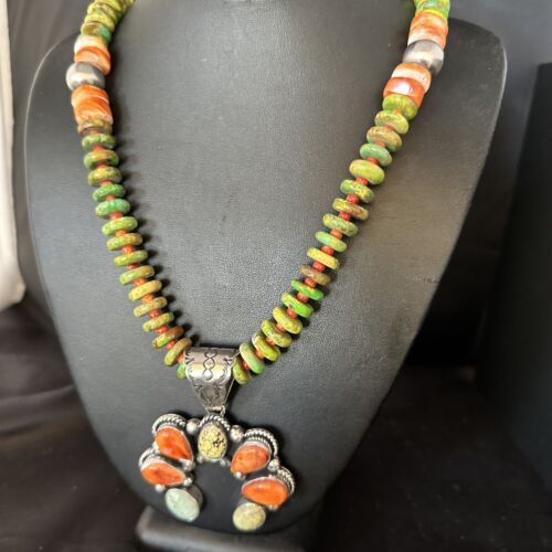 Navajo Turquoise & Spiny Naja Pendant Necklace | Sterling Silver | Native American Handmade | 14234