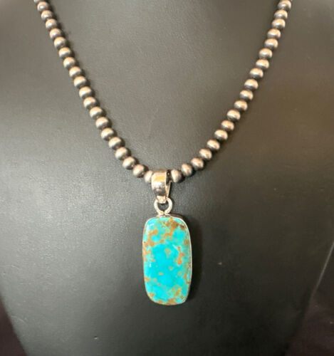Navajo Blue Kingman Turquoise Pendant Necklace | Sterling Silver | 20" | Authentic Native American Handmade | 16698