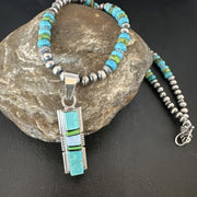 Navajo Green Gaspeite Turquoise Inlay Pendant Necklace | Sterling Silver | Authentic Native American Handmade | 16013