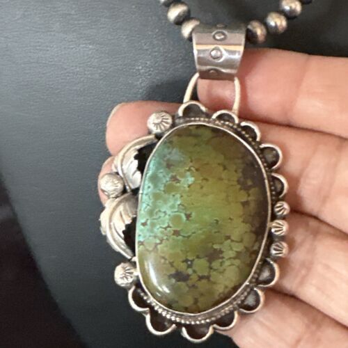 Navajo Green Turquoise Pendant Necklace | Sterling Silver | Authentic Native American Handmade | 15040
