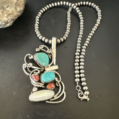Navajo Kingman Turquoise Spiny Oyster | Mother of Pearl Necklace Pendant | Sterling Silver | 15952