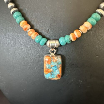 Navajo Spiny Turquoise Pendant Necklace | Sterling Silver | 22" | Authentic Native American Handmade | 17430