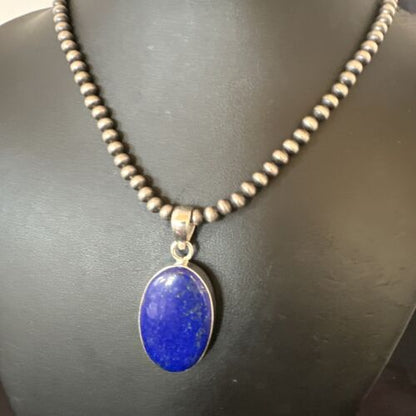 Navajo Blue Lapis Pendant with Pearls | Sterling Silver Necklace | 20" | Authentic Native American Handmade | 16662