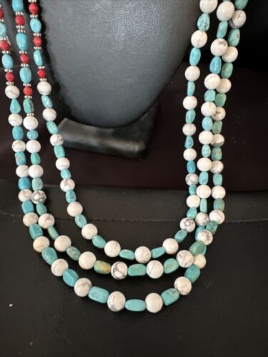 Navajo Blue Turquoise 3-Strand Coral Pendant Necklace | Sterling Silver | Authentic Native American Handmade | 15516