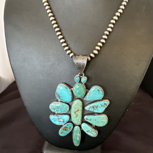 Navajo Blue Kingman Turquoise Cluster Pendant Necklace | Sterling Silver | Native American Handmade | 16797