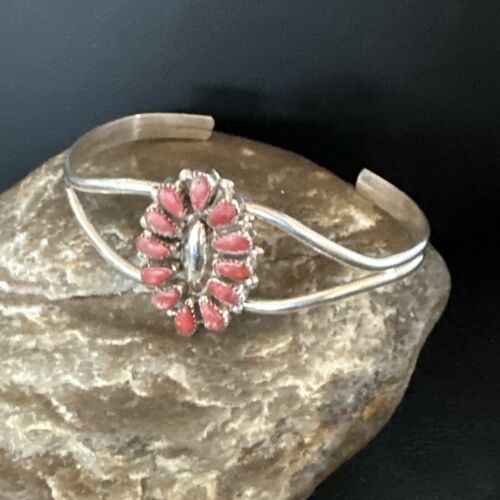 Navajo Red Coral Cluster Cuff Bracelet | Sterling Silver | Authentic Native American Handmade | 15245