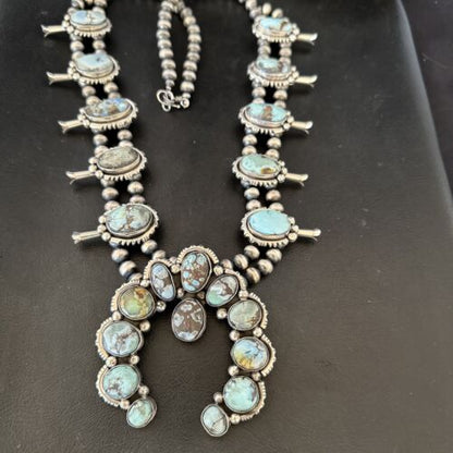 Navajo Blue Golden Hills Turquoise Squash Blossom Necklace & Earrings | Sterling Silver | 17210