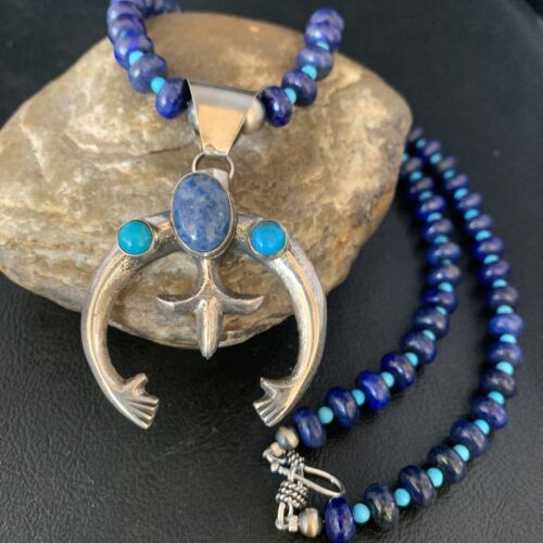 Navajo Blue Denim Lapis Turquoise Naja Pendant Necklace | Sterling Silver | Native American Handmade | 13701