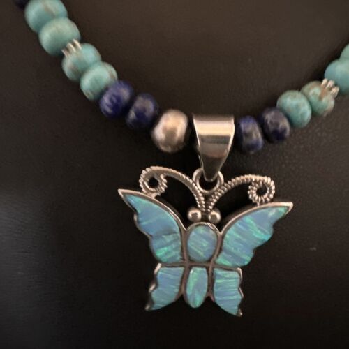 Navajo Butterfly Blue Opal Turquoise Inlay Pendant Necklace | Sterling Silver | Native American Handmade | 16760