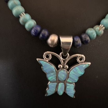 Navajo Butterfly Blue Opal Turquoise Inlay Pendant Necklace | Sterling Silver | Native American Handmade | 16760