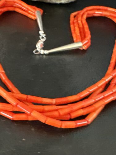Orange Coral Tube Heishi Bead Necklace | 5 Strand Navajo Sterling Silver | 18" | 15280