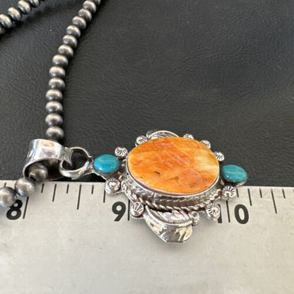 Navajo Orange Spiny Oyster Blue Turquoise Pendant Necklace | Sterling Silver | 20" | 16459
