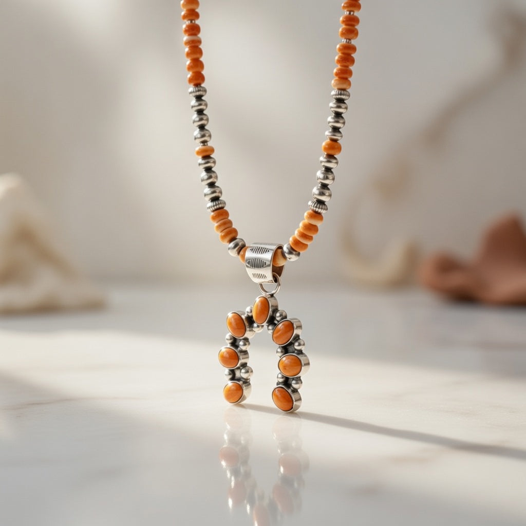 Navajo Orange Spiny Oyster Inlay Naja Pendant | Sterling Silver | Authentic Native American Handmade | 17428