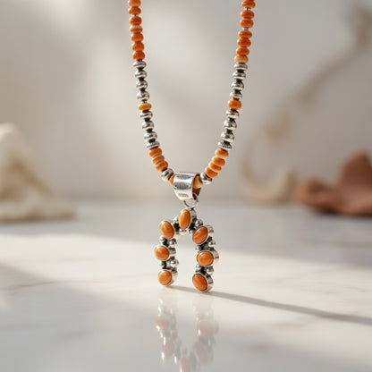 Navajo Orange Spiny Oyster Inlay Naja Pendant | Sterling Silver | Authentic Native American Handmade | 17428
