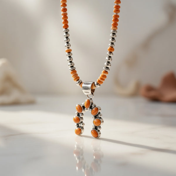 Navajo Orange Spiny Oyster Inlay Naja Pendant | Sterling Silver | Authentic Native American Handmade | 17428