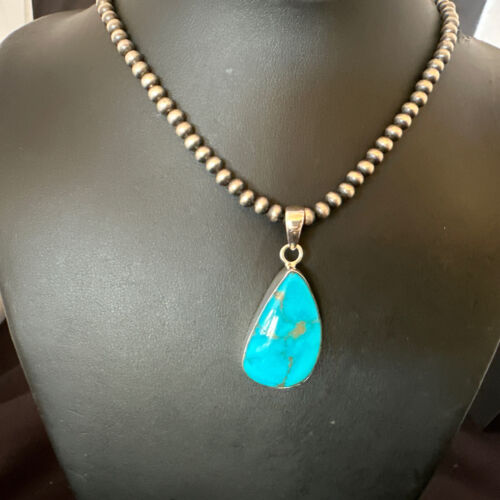 Navajo Blue Kingman Turquoise Pendant with Pearls | Sterling Silver Necklace | 20" | 16702