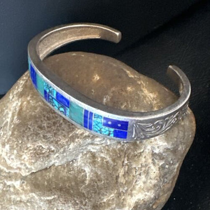 Navajo Blue Lapis Cuff Bracelet | Sterling Silver Inlay | Authentic Native American Handmade | 16123