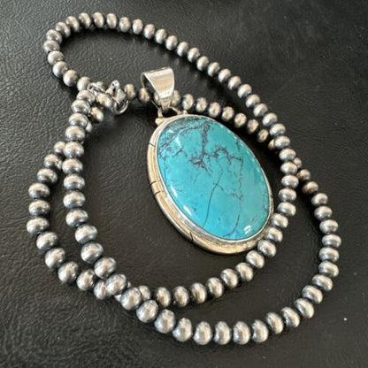 Men's Navajo Blue Spiderweb Turquoise Pendant Necklace | Sterling Silver | Authentic Native American Handmade | 16197