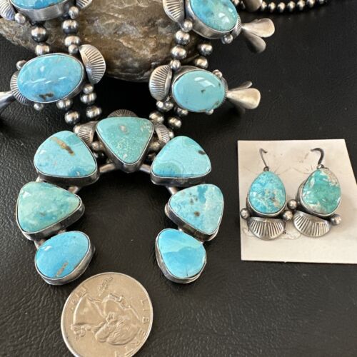 Kingman Turquoise Navajo Squash Blossom Necklace & Earrings | Sterling Silver | Native American Handmade | 16537