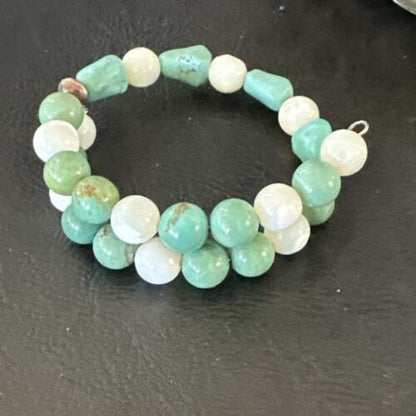 Turquoise Memory Wire Bracelet | Stainless Steel | Mother of Pearl Beads | 7" | 17629