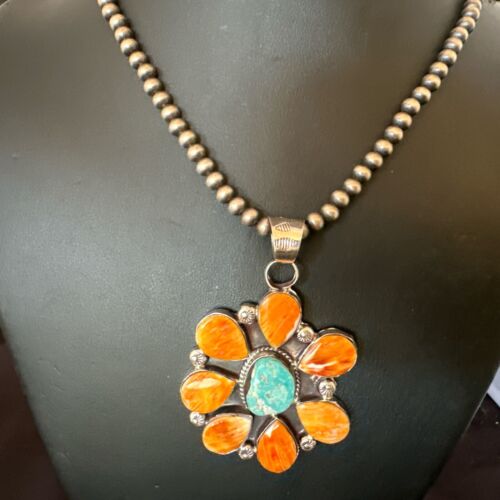 Navajo Blue Turquoise | Spiny Oyster Pendant Necklace | Sterling Silver | Multi-Stone | 16861
