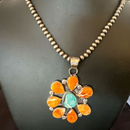 Navajo Blue Turquoise | Spiny Oyster Pendant Necklace | Sterling Silver | Multi-Stone | 16861