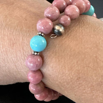 Navajo Pink Rhodochrosite Turquoise Bracelet | Stainless Steel Memory Wire | Authentic Native American Handmade | 17626 - Masha USA