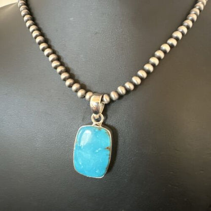 Navajo Blue Kingman Turquoise Pendant Necklace | Sterling Silver | 20" | Authentic Native American Handmade | 16998
