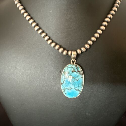 Navajo Blue Spiderweb Turquoise Pendant Necklace | Sterling Silver | Authentic Native American Handmade | 17027