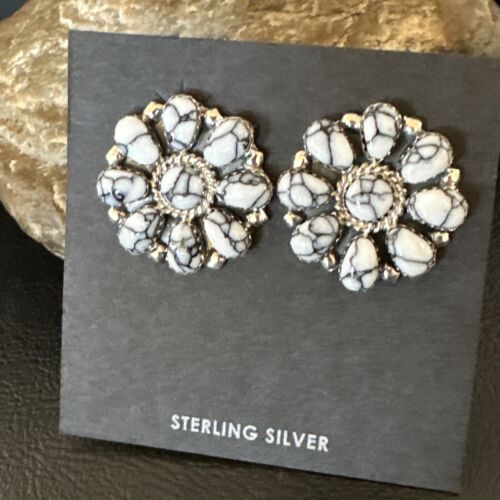 Women's Cluster White Buffalo Turquoise Earrings | Navajo Sterling Silver | Authentic Native American Handmade | 16343