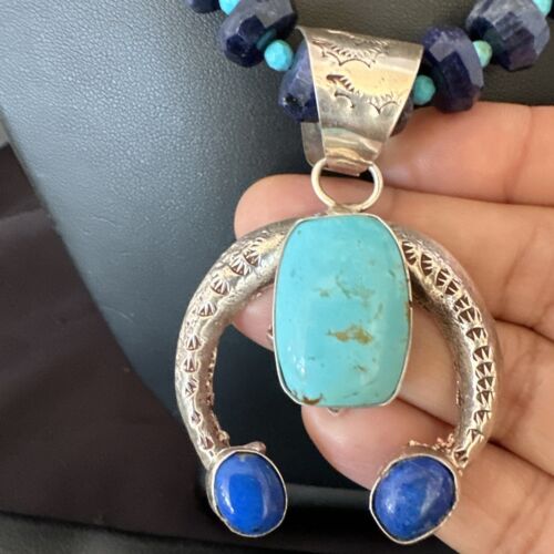 Navajo Blue Denim Lapis Turquoise Naja Pendant Necklace | Sterling Silver | Native American Handmade | 16320