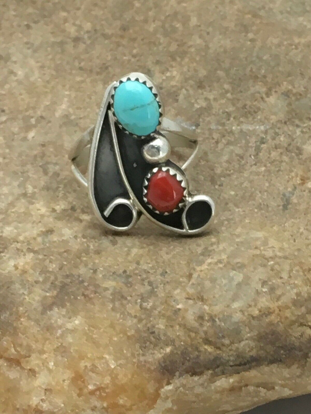 Navajo Blue Turquoise Coral Ring | Authentic Native American Sterling Silver | Multi-Stone | Sz 7 | 2807