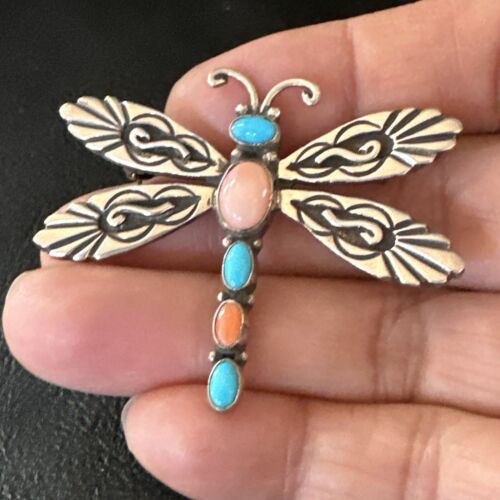 Navajo Dragonfly Pin Pendant | Blue Turquoise & Coral | Sterling Silver | Authentic Native American Handmade | 15236