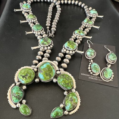 Green Sonoran Gold Turquoise Sterling Silver Squash Blossom Necklace Pendant | Navajo | 17207