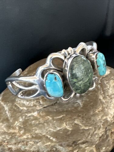Kingman Turquoise Navajo Cuff Bracelet | Sterling Silver Tufa Cast | Authentic Native American Handmade | 16785