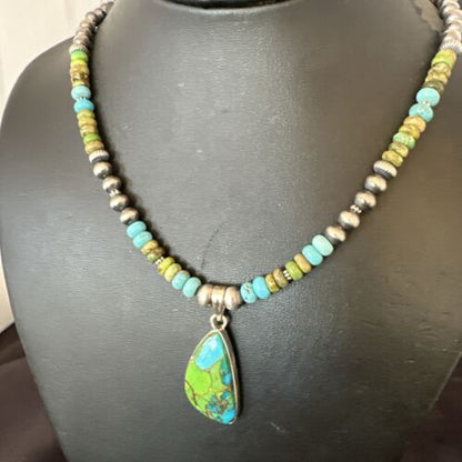 Navajo Blue Green Mojave Turquoise Pendant | Sterling Silver Pearl Necklace | Authentic Native American Handmade | 16921