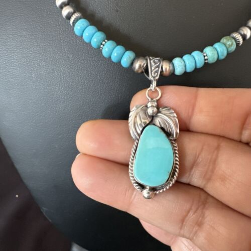 Navajo Blue Turquoise Pendant with Pearls | Sterling Silver Necklace | Authentic Native American Handmade | 15416