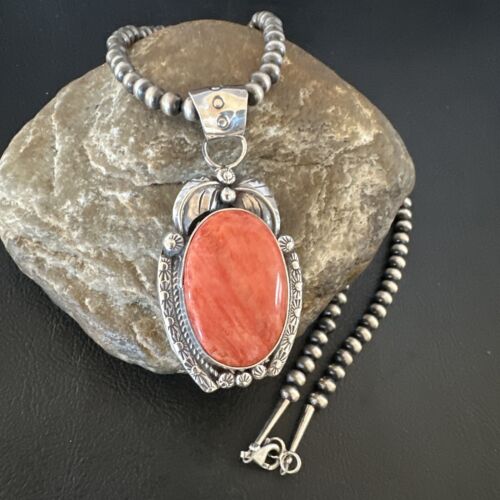 Navajo Red Spiny Oyster Pendant Necklace | Sterling Silver | Authentic Native American Handmade | 15632