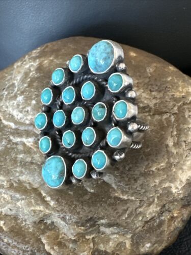 Navajo Blue Turquoise Cluster Ring | Authentic Native American Sterling Silver | Multi-Stone | Adjustable | Sz 7 | 16325