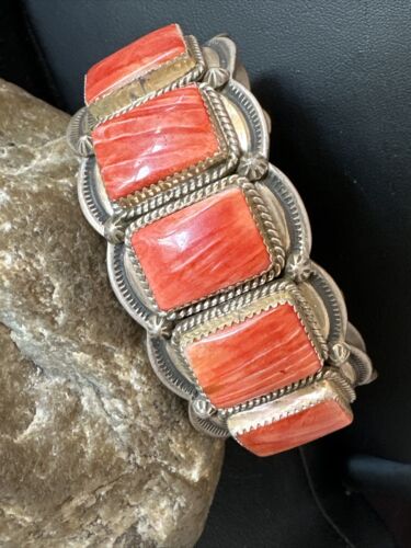 Navajo Spiny Oyster 5 Stone Cuff Bracelet | Sterling Silver | Authentic Native American Handmade | 15862
