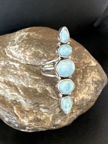 Navajo Blue Larimar Cluster Ring | Authentic Native American Sterling Silver | Multi-Stone | Sz 7 | 16156