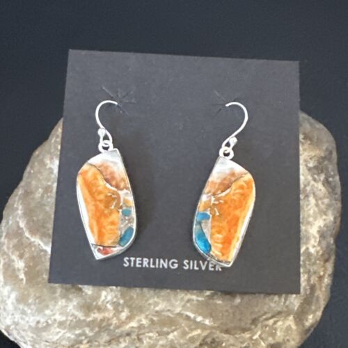 Navajo Blue Turquoise & Orange Spiny Oyster Inlay Dangle Earrings | Sterling Silver | Authentic Native American Handmade | 15580