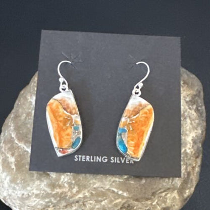 Navajo Blue Turquoise & Orange Spiny Oyster Inlay Dangle Earrings | Sterling Silver | Authentic Native American Handmade | 15580