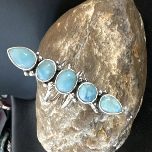 Navajo Blue Larimar Cluster Ring | Authentic Native American Sterling Silver | Multi-Stone | Sz 8.5 | 15936