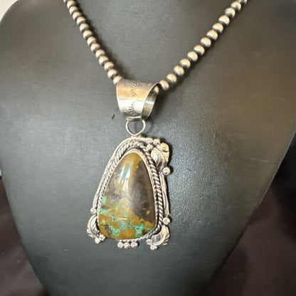 Men's Navajo Green Turquoise Pendant Necklace | Sterling Silver | Authentic Native American Handmade | 17531