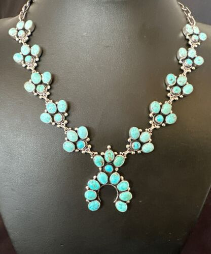 Navajo Blue Kingman Turquoise Squash Blossom Necklace | Sterling Silver | Authentic Native American Handmade | 16829