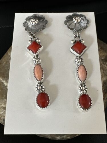 Navajo Red Pink Coral Mother of Pearl Dangle Earrings | Sterling Silver | Authentic Native American Handmade | 15327